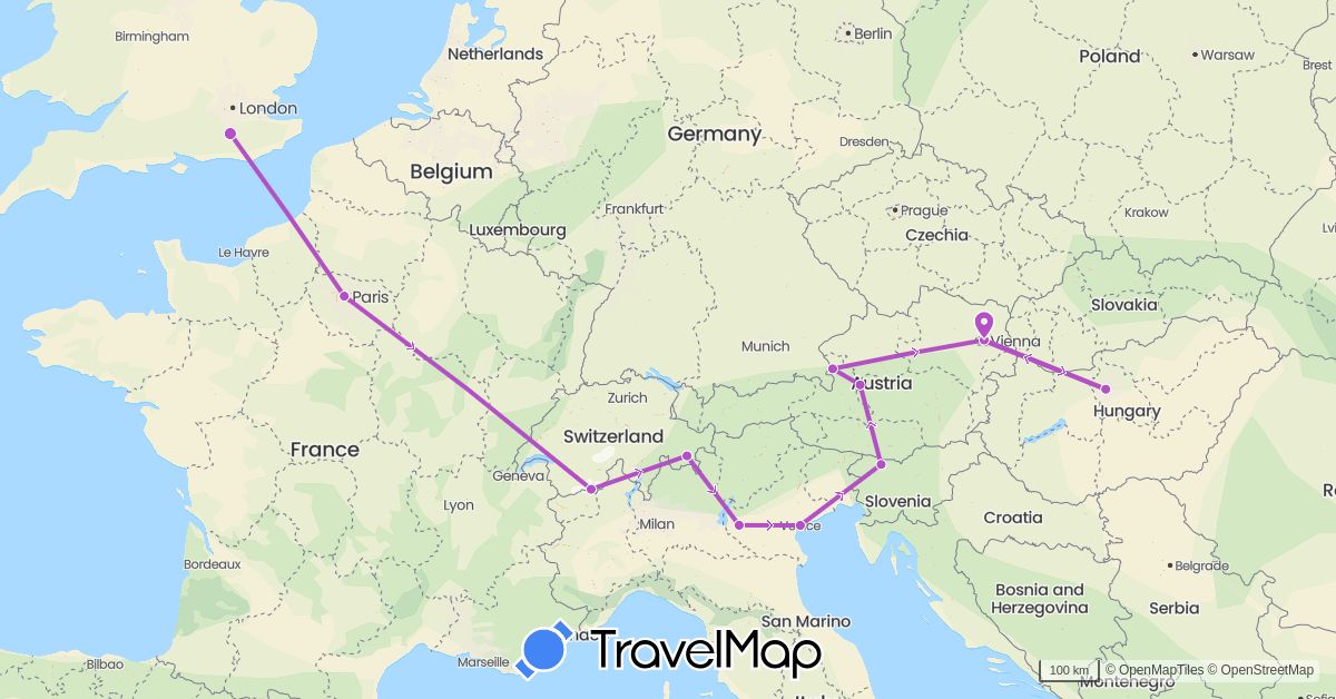 TravelMap itinerary: driving, train in Austria, Switzerland, France, United Kingdom, Hungary, Italy, Slovenia (Europe)
